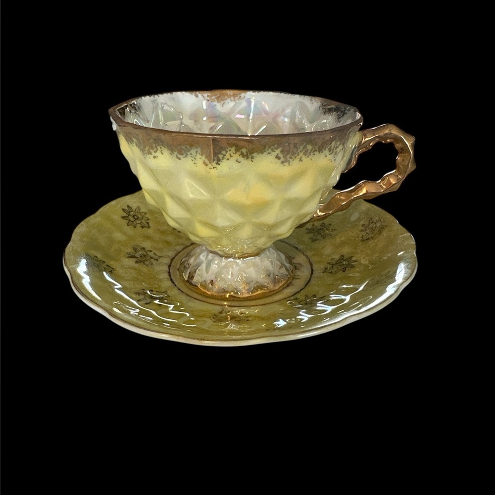 Elegant Yellow and Gold Pedestal Teacup and Saucer Set Made in Japan